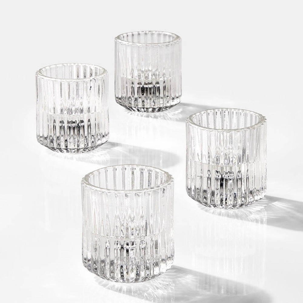 NEW Set of 4 Glass Candle Holders Tapered Or Tea lights Ribbed Textured Design